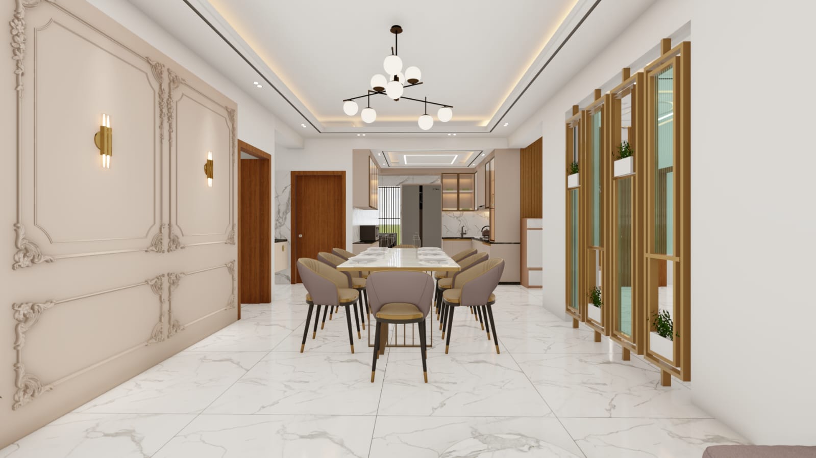 Open-plan dining and kitchen with classic wall mouldings and marble flooring