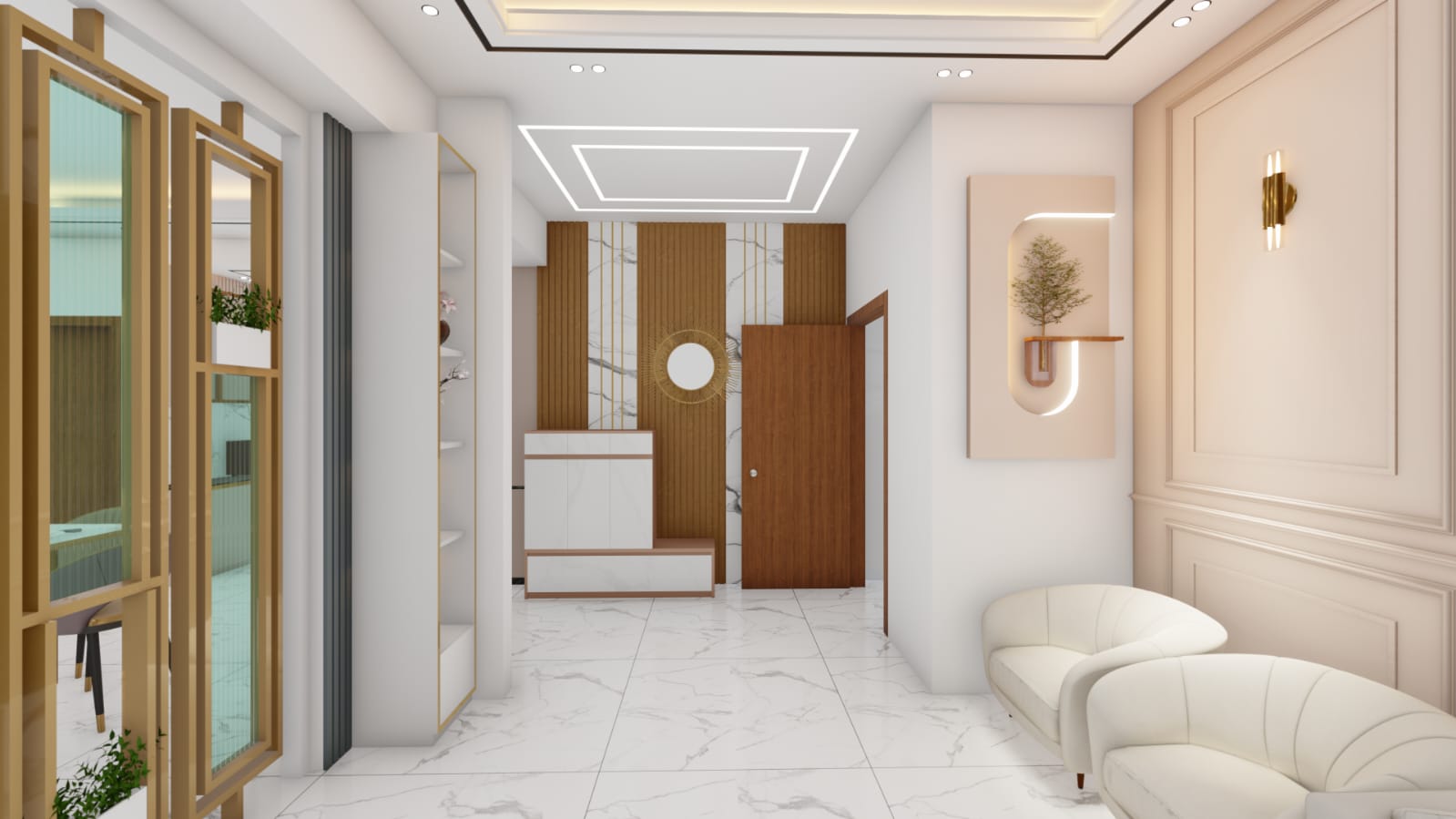 Reception and lounge area with display joinery and accent seating — office interior by Suad Architects