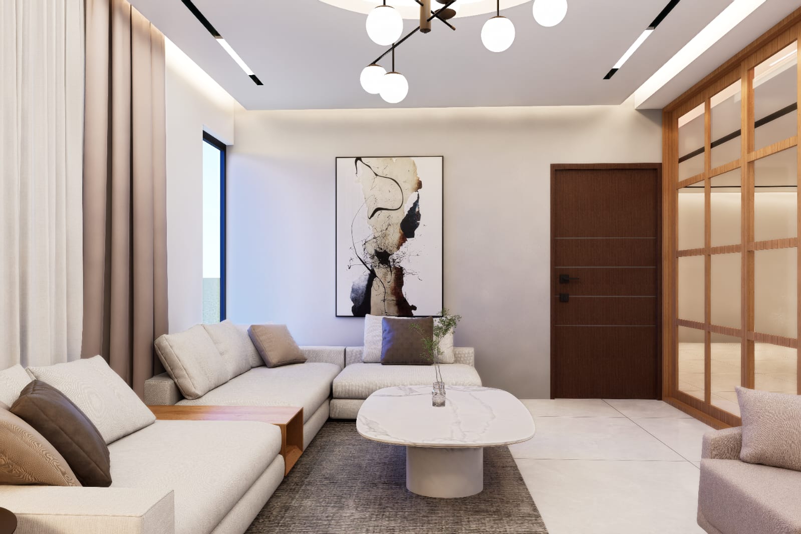 Family lounge with sectional seating, marble coffee table and abstract art