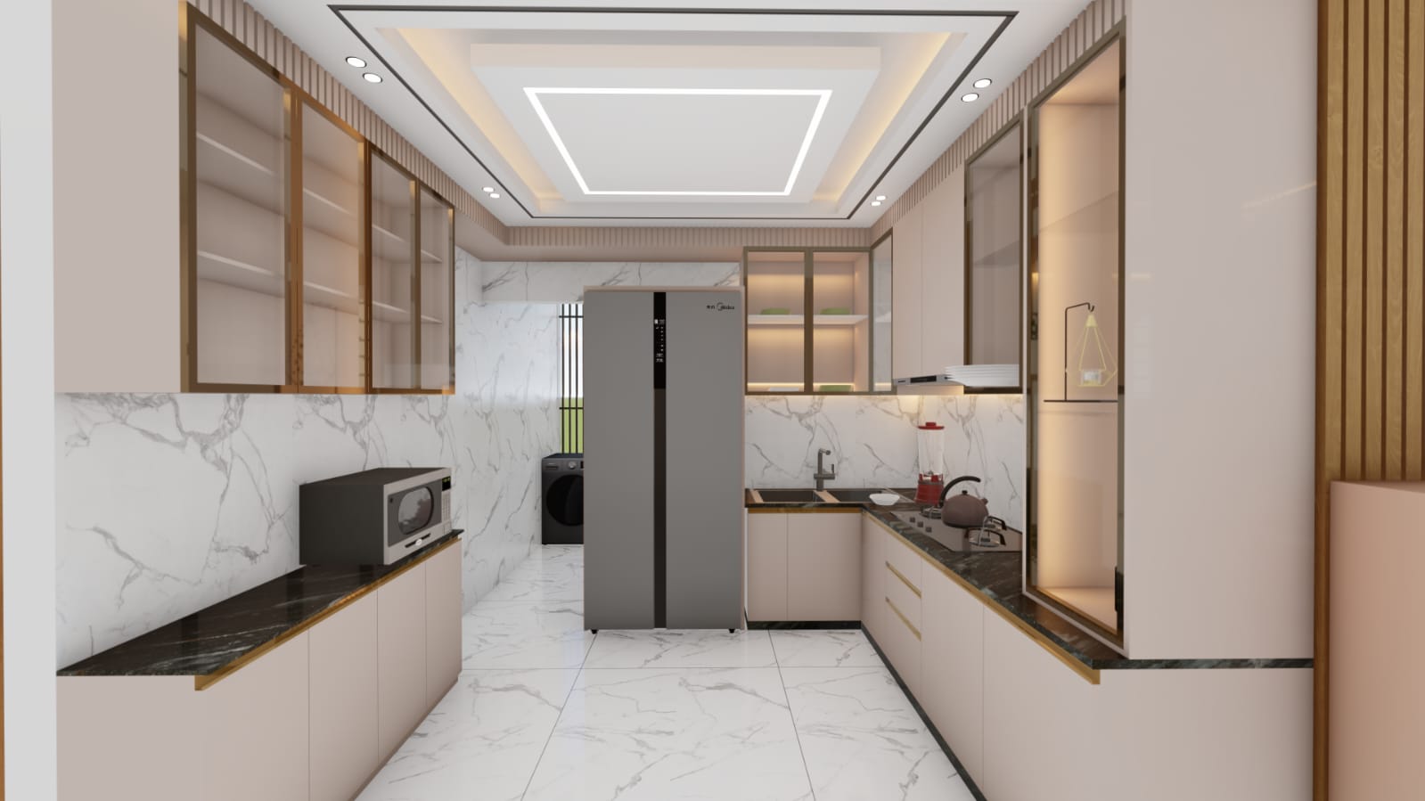 Modern U-shaped kitchen with marble backsplash and fitted cabinetry
