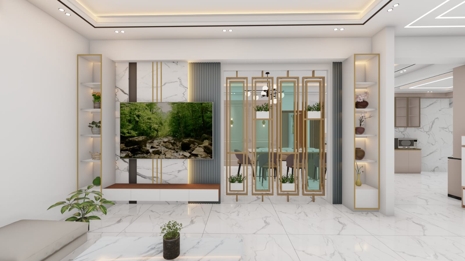 Living room TV feature wall with gold partition screen and display shelves